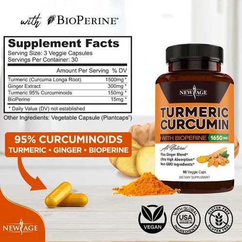 Miniatura 2 de NEW AGE Cápsulas de curcumina de cúrcuma, curcuminoides estandarizados, sin OMG, sin gluten, 180 unidades (paquete de 2)