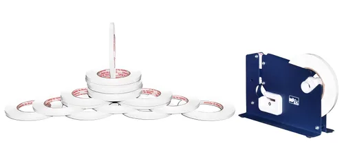 PSBM Cinta de sellado de bolsas de polietileno blanca con dispensador, 6 rollos, 2.3 mil de grosor, 3/8 pulgadas de ancho, 180 yardas por rollo,