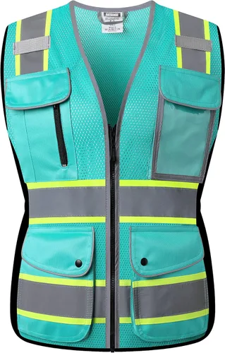 Miniatura 5 de Chaleco de seguridad reflectante para mujer, chaleco de malla de alta visibilidad con 8 bolsillos y cremallera frontal, chaleco de alta visibilidad