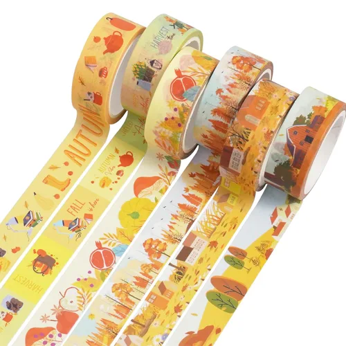 Miniatura 2 de Juego de 18 rollos de cinta Washi de otoño, adornos estampados de otoño, cintas adhesivas decorativas amarillas para artes, manualidades, diarios