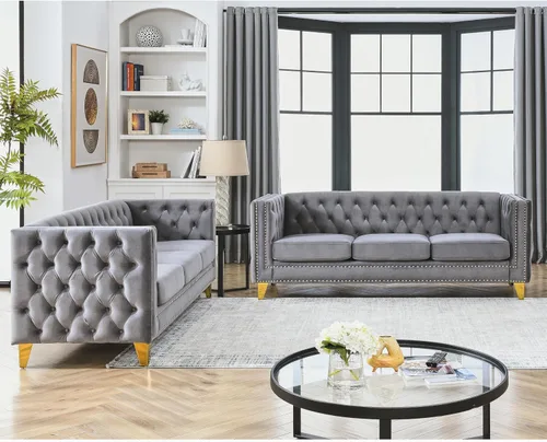 Miniatura 9 de KEIKI Sofá de terciopelo copetudo de 2 plazas para sala de estar, sofá con brazos cuadrados copetudos para apartamento en el hogar, color beige