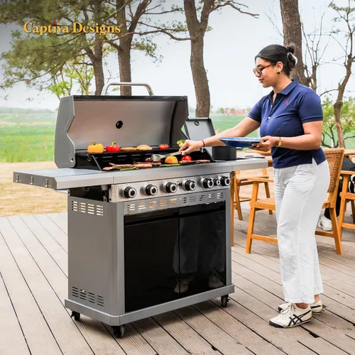 Miniatura 7 de Captiva Designs - Barbacoa de gas propano de 6 quemadores con quemador lateral y rejilla y placa de hierro fundido esmaltada en porcelana