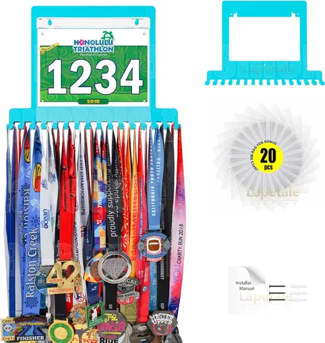 Miniatura 15 de Colgador de medallas para carreras, exhibición de medallas de maratón y colgador de medallas para corredores, exhibición de medallas con dorsal