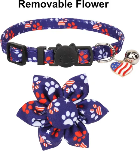 Miniatura 4 de ADOGGYGO Collares de gato con bandera americana con campana de flor removible, ajustables, patrón de bandera del 4 de julio en rojo y azul, collares