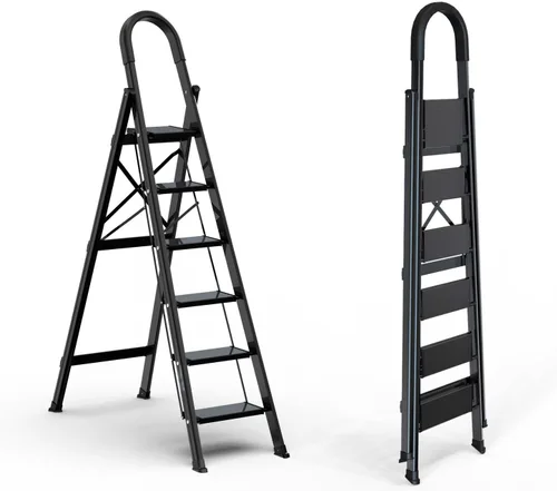 escalera ligera de aluminio, de 6 peldaños, plegable, con peldaños anchos y antideslizante para uso en el hogar y la cocina, ahorra espacio (negro)
