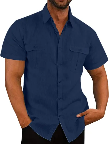 Miniatura 6 de Men's Cuban Guayabera Linen Shirts Solid Color Casual Short Sleeve Button Down Shirt Summer Beach Tops with Pockets