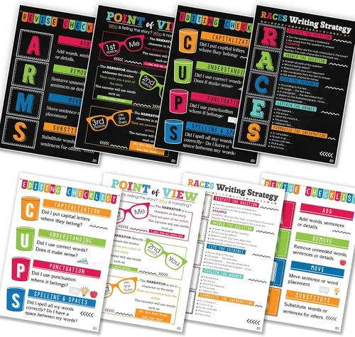8 pósteres coloridos de estrategia de escritura, 4 piezas de escritura en inglés (11 x 17 pulgadas), decoración de aula inglesa para escuela