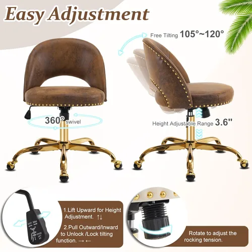 Miniatura 6 de VINGLI Silla de Oficina Pequeña de Terciopelo Moderno, Linda Silla de Escritorio con Ruedas, Base/Tachuelas Doradas, Cómoda Silla Giratoria sin
