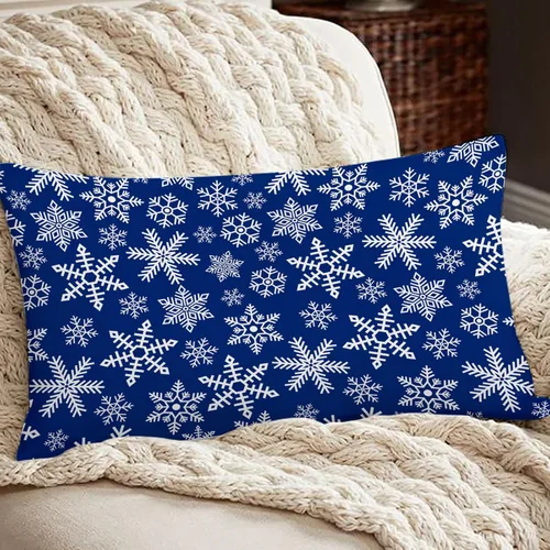 Miniatura 4 de SPXUBZ Funda de almohada de algodón con diseño de copo de nieve azul, Feliz Navidad, decoración del hogar, funda de cojín rectangular