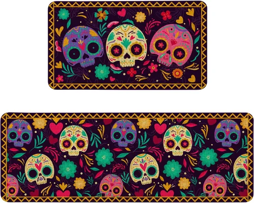 Miniatura 26 de Alfombras de Cocina Vintage Negras y Verdes Botánicas, Juego de 2 Alfombras de Cocina Antideslizantes Lavables, Tapetes de Cocina con Helechos