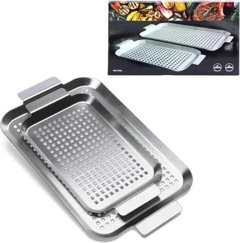 Miniatura 10 de Set de 2 bandejas para parrilla, topper para parrilla de exterior, cestas para asar de acero inoxidable con agujeros y asas, bandeja perforada