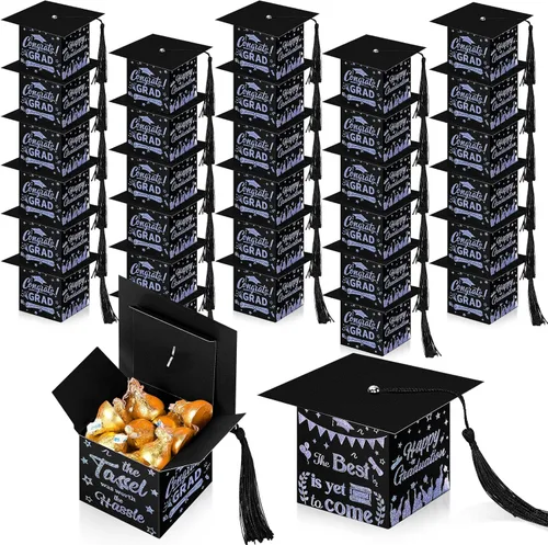 Miniatura 13 de Chuangdi 30 cajas de dulces de fiesta de felicitaciones graduadas, caja de casquillo de bricolaje con borlas para regalo de graduación, suministros