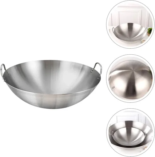 Miniatura 4 de Cabilock Wok de acero inoxidable de 12 pulgadas, sartén de fondo redondo de gran capacidad para estufa de gas, cocina tradicional india Kadai