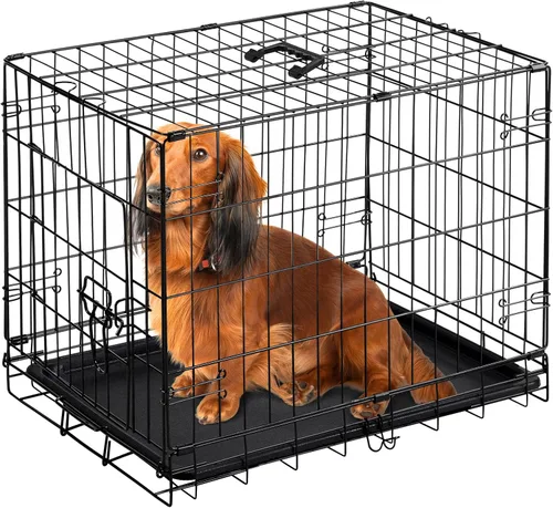 Miniatura 8 de DUMOS Jaula para perros, jaula mediana de doble puerta de 36 pulgadas con bandeja de plástico a prueba de fugas, asa, perrera plegable de alambre