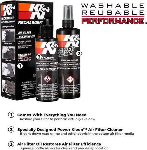 Miniatura 7 de K&N Kit de limpieza del filtro de aire: limpiador de filtros de botellas y aceite de aceite negro; Restaura el rendimiento del filtro de aire