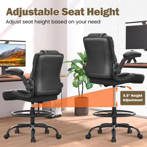 Miniatura 3 de Silla de dibujo ergonómica, silla de oficina alta para escritorio de pie con reposabrazos abatibles, anillo de pie ajustable y altura, silla de Negro