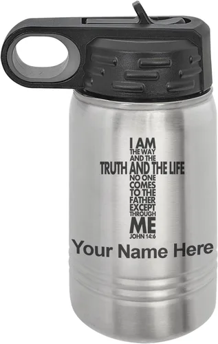 Miniatura 43 de LaserGram Botella de agua de doble pared abatible de 12 onzas con pajilla, versículo bíblico John 14-6, grabado personalizado incluido