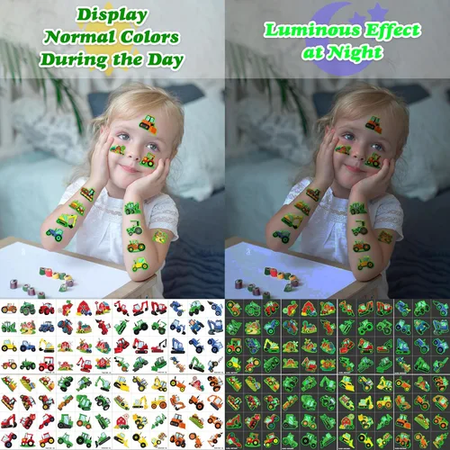 Miniatura 7 de Tatuajes temporales de tractor que brillan en la oscuridad para niños, 96 calcomanías precortadas luminosas de granja Recuerdos de fiesta