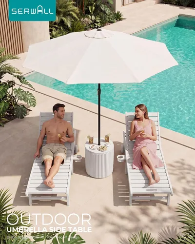 Miniatura 6 de SERWALL Outdoor Round Umbrella Side Table, 3-in-1 Ice Bucket & Side Table & Storage Box, Multi-Functional Use for Porch/Patio/Poolside, Beige