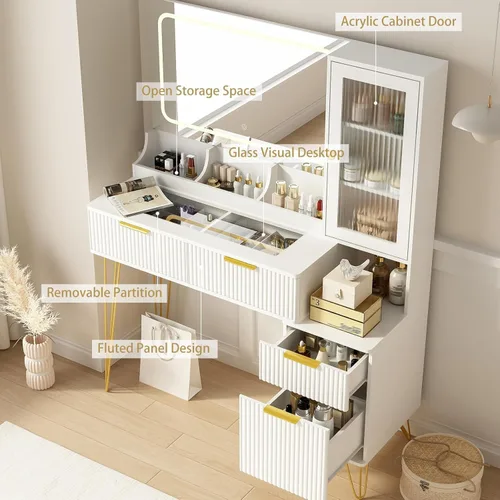 Miniatura 4 de Escritorio de tocador de 43 pulgadas con espejo y luces, mesa de tocador de maquillaje con 4 cajones, tocador blanco para dormitorio, escritorio