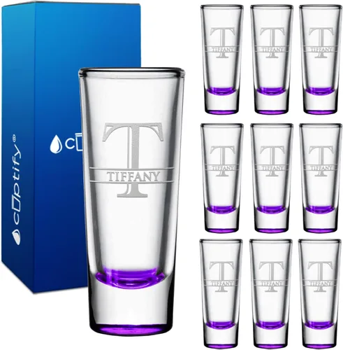 Miniatura 55 de Vaso de chupito personalizado con fondo verde azulado personalizado de 2 oz, vasos de chupito cordial con inicial en script dividido y nombre