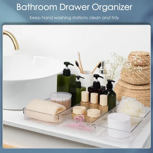 Miniatura 5 de Juego de 12 organizadores grandes de plástico transparente para cajones, organizador de baño acrílico, bandejas divisoras, organizadores de cocina