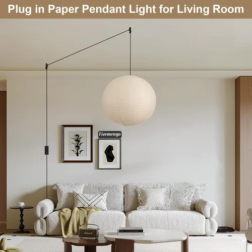 Miniatura 3 de Lámpara colgante de papel con enchufe, lámpara colgante de papel de arroz blanco roto de 20 pulgadas con cable de 19.7 pies de globo grande japonés