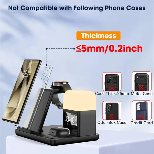 Miniatura 3 de Cargador inalámbrico para Samsung/Android, 6 en 1, estación de carga para teléfono con despertador/luz nocturna para Samsung S25/S24/S23