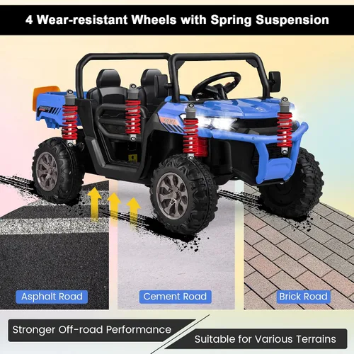 Miniatura 7 de Costzon Camión volquete con control remoto, UTV eléctrico de 12 V para niños con cama volquete eléctrica, función de balanceo, pala, 4 suspensiones