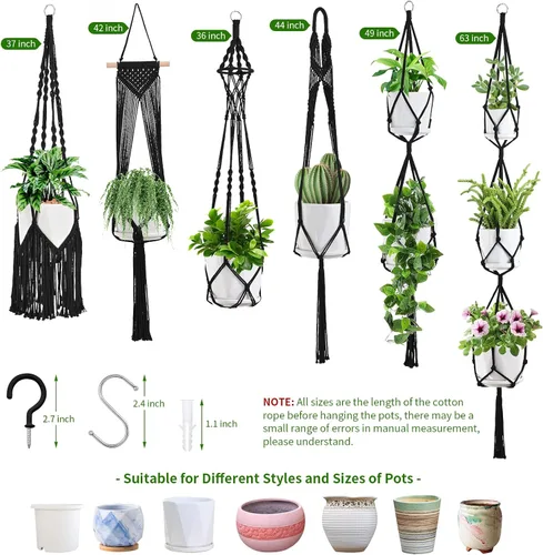 Miniatura 7 de SFENNGPET - Paquete de 6 perchas de macramé para plantas, juego de 6 perchas colgantes para plantas de interior con kit de 6 perchas hechas a mano
