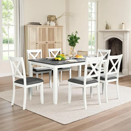 Miniatura 21 de Juego de mesa de comedor para 4, juego de mesa de comedor de 5 piezas con mesa cuadrada y 4 sillas tapizadas de tela de lino, modernos