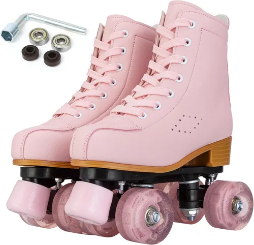 Miniatura 7 de Patines de ruedas para niñas y mujeres, patines de piel sintética acogedores en color rosa y púrpura con luces, patines para interiores y exteriores