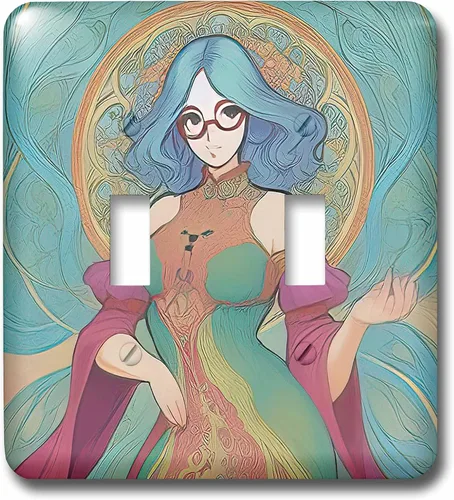 Miniatura 3 de 3dRose Art Nouveau woman. Fantastic goddess of Spring. Green hair, glasses 2 plug outlet cover