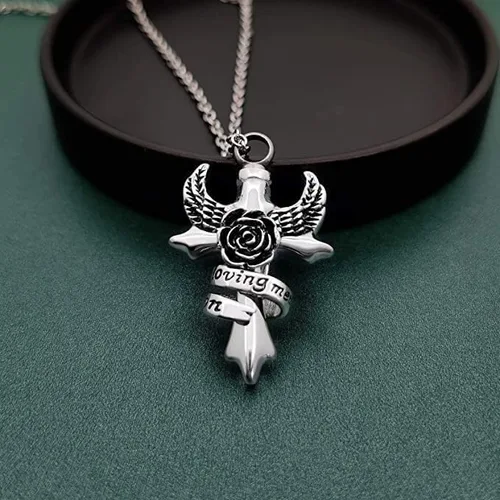 Miniatura 6 de Collar de urna de alas de ángel con cruz para cenizas en memoria amorosa, papá, mamá, abuela, abuelo, hermano, hermana, tía, hijo, cremación
