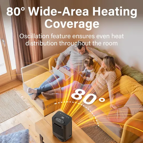 Miniatura 4 de Calentador de espacio interior con oscilación de 80°, termostato, temporizador de 12 horas, calor rápido, modo ecológico, control remoto, calentador