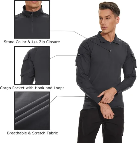 Miniatura 23 de TACVASEN Camisa táctica de manga larga para hombre, con cremallera de 1/4, con bolsillos, para paintball, militar, Airsoft, transpirable