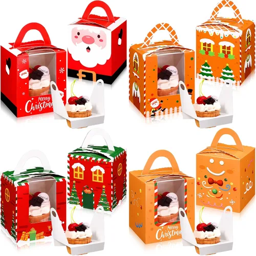 Miniatura 8 de TaoBary 24 cajas de magdalenas de Navidad, caja individual para cupcakes, cajas de galletas de Navidad con asa de inserción de ventana, soporte