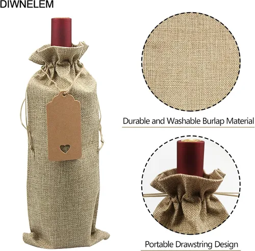 Miniatura 4 de DIWNELEM Paquete de 16 bolsas de regalo de yute de arpillera con cordón, perfectas para degustación de vinos, bodas, fiestas y viajes