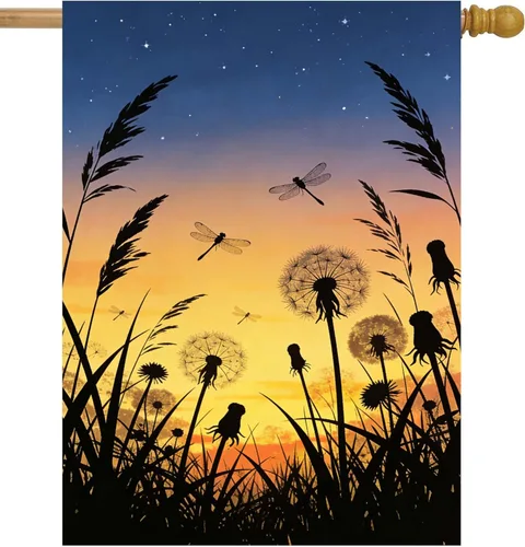 Miniatura 6 de Bandera de verano y primavera, diseño de libélula, puesta de sol nocturno, sobre el pantano, jardín, patio, 12 x 18 pulgadas, banderas decorativas