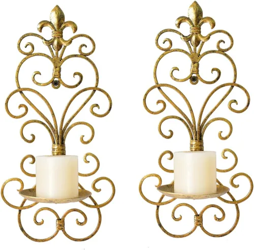 Juego de 2 candelabros de pared, decoración de pared de metal, candelabros para colgar en la pared, para sala de estar, comedor (dorado)