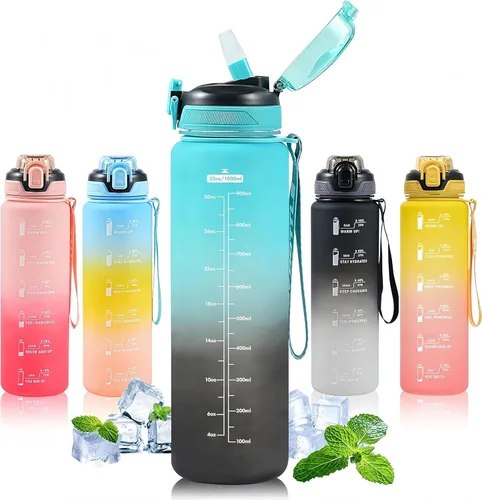 Miniatura 14 de Botella de agua deportiva con popote, botellas de agua de 32 onzas con marcador de tiempo para niños y niñas, botella de agua simple y moderna