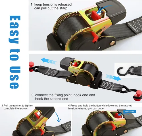 Miniatura 5 de YAYODS Paquete de 2 correas de trinquete retráctiles de 2 pulgadas, correas de amarre autoretráctiles de 15 pies con bolsa de almacenamiento