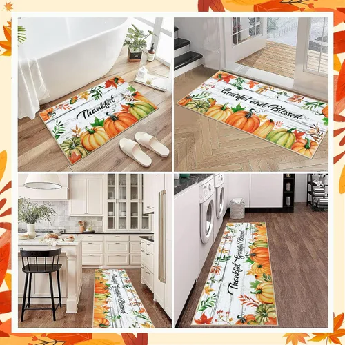 Miniatura 7 de Pauwer Juego de 3 alfombras de cocina de Navidad, tapetes de cocina con flores de Navidad, alfombras y tapetes de cocina antideslizantes y lavables