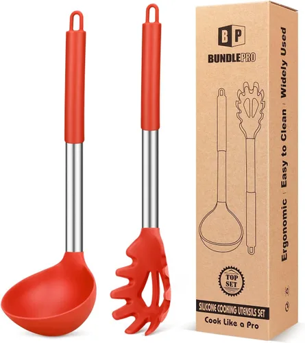 Miniatura 8 de Juego de tenedor y cucharón de silicona para pasta, utensilios de cocina grandes antiadherentes para cocinar, agitar, servir espaguetis, sopa, salsa