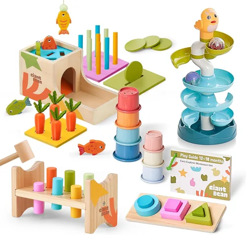 Miniatura 10 de Giant bean Juguetes Montessori para bebé, 6 en 1, juguetes de aprendizaje de educación temprana de madera con dentición sensorial, caja