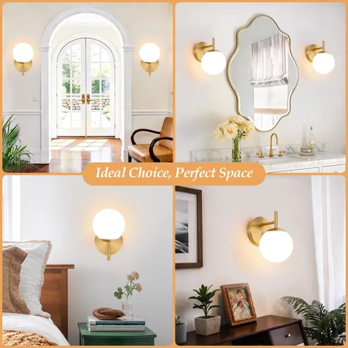 Miniatura 6 de Juego de dos apliques de pared dorados, paquete de 2 lámparas de baño de oro cepillado con vidrio de globo blanco lechoso, apliques modernos