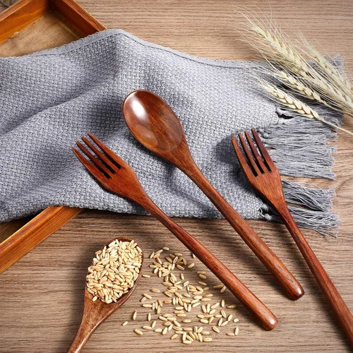 Miniatura 5 de Patelai Juego de cucharas de madera, tenedores, utensilios de madera para comer de madera, vajilla reutilizable hecha a mano, cubiertos naturales