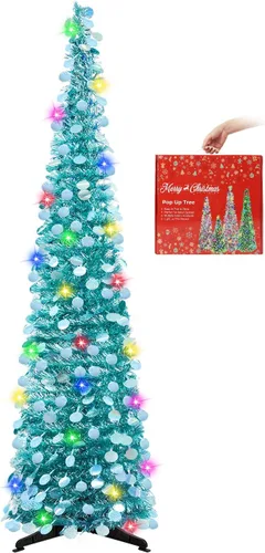 MACTING Árbol de Navidad desplegable con 50 luces LED con temporizador, 5 pies, árbol de lápiz de oropel plegable de fácil montaje, árbol artificial