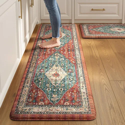 Miniatura 28 de Collive Alfombras y Tapetes Boho para Cocina 2 PIEZAS Alfombra Antifatiga Acolchada, Juego de 2 Alfombras de Cocina Impermeables Antideslizantes