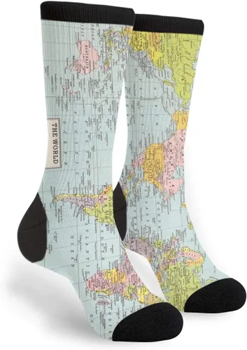 Calcetines de tubo con diseño de mapa del mundo, vintage, casual, genial, estampado en 3D, locos, divertidos, coloridos, novedosos, gráficos, blanco